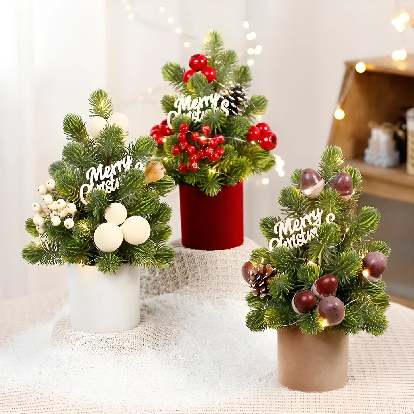 32cm tall desktop Christmas tree with LED-lit pine cone ornaments in red, champagne, or dark brown.