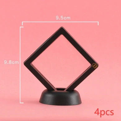 3D floating jewelry coin display stand in white and black, showcasing collectibles in mid-air