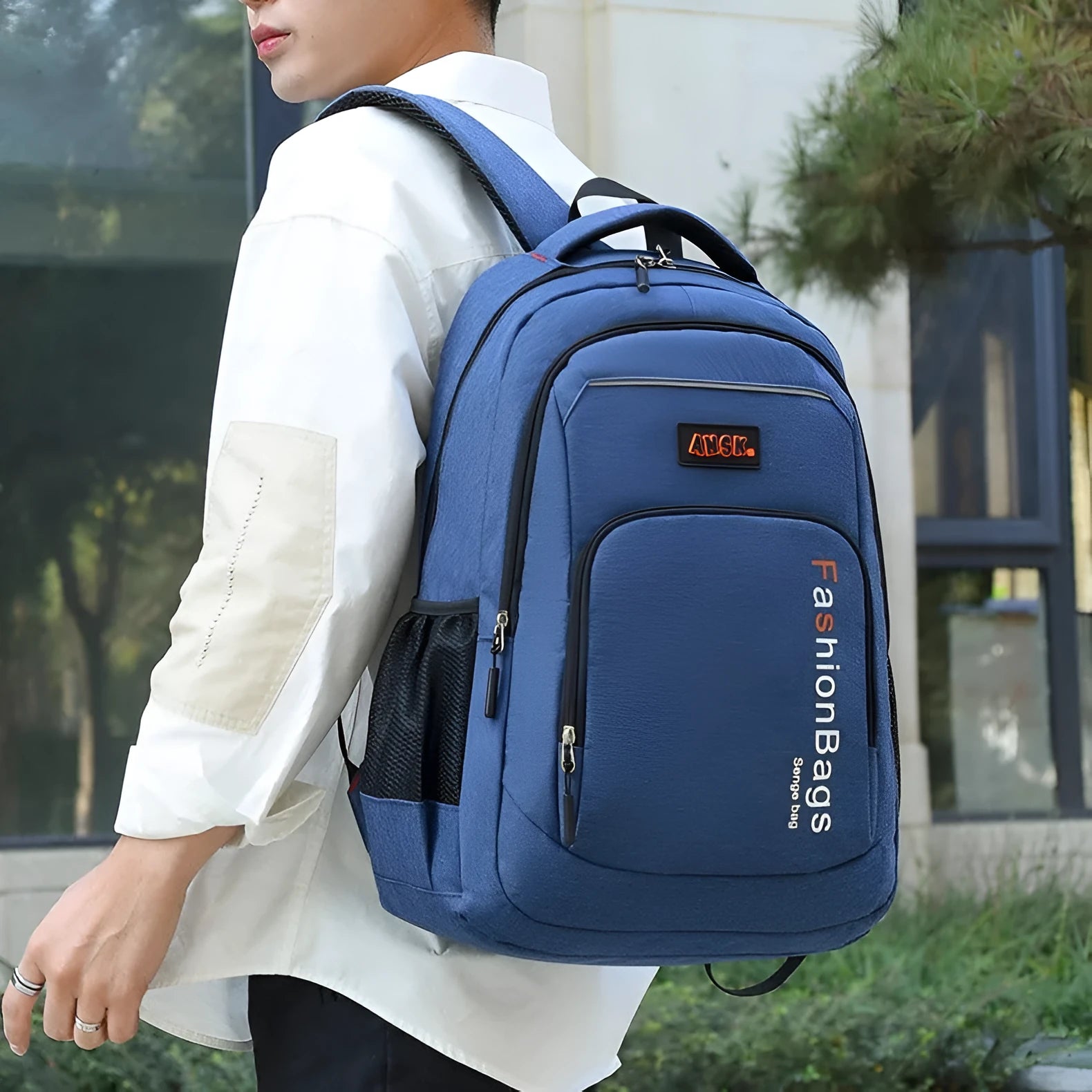 Black urban-style nylon backpack with multiple zippers and breathable shoulder straps, shown closed.