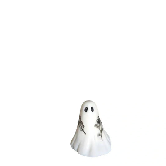 White synthetic resin ghost ornaments in four sizes from 3.2cm to 10cm for Halloween displays
