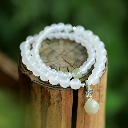 Women's S925 sterling silver bracelet with White Agate and Hetian Jade beads in a geometric national style design.