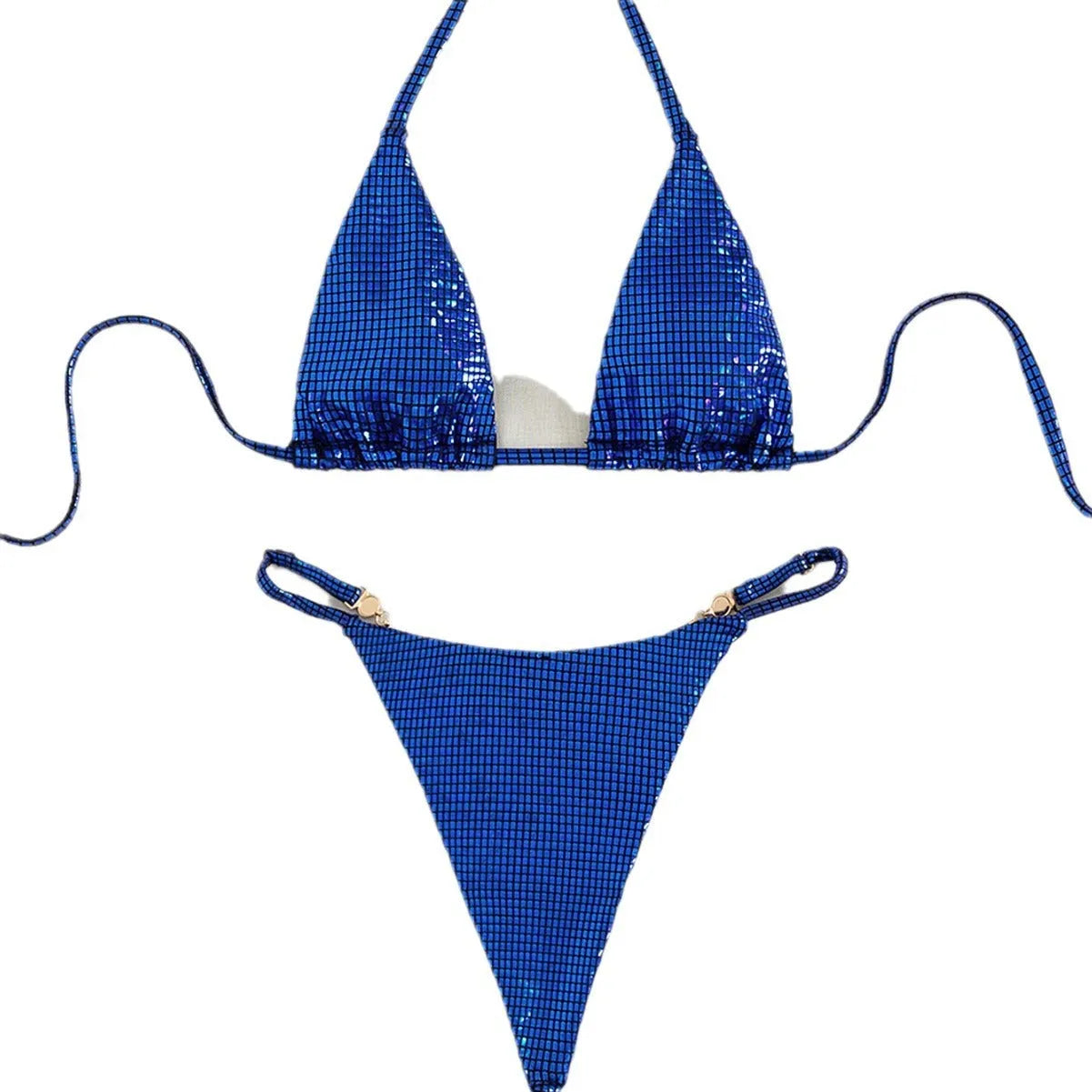 Women's solid colour blue T-back split bikini top and briefs set on a neutral background.