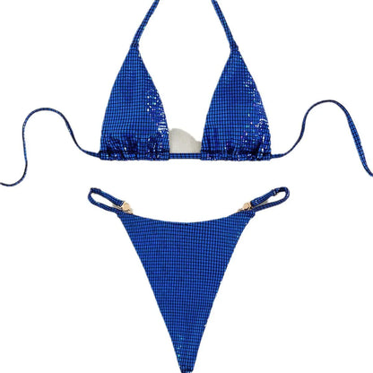 Women's solid colour blue T-back split bikini top and briefs set on a neutral background.