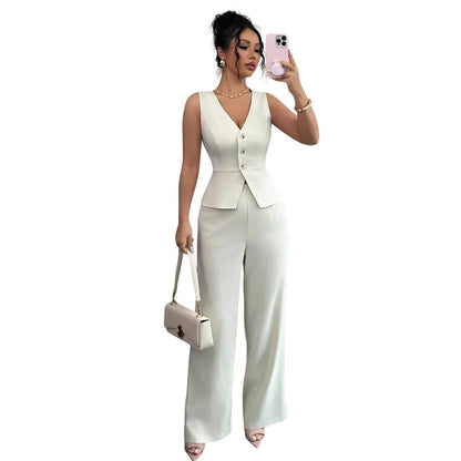 Women's sleeveless vest and high-waisted trousers two-piece set in solid colour casual design