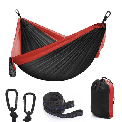 Double camping parachute hammock in colour options including black brown, black red, blue, and orange