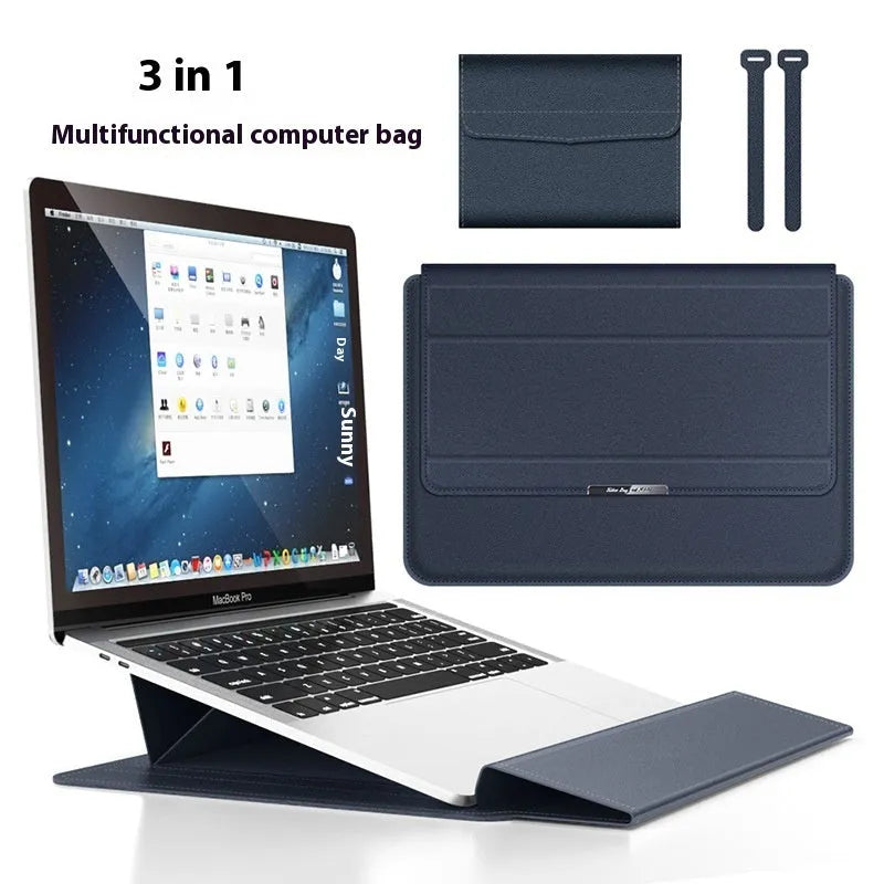 Three-in-one laptop bag in faux leather and plush, shown in black, dark blue, rose gold, grey, dark green, red or camel.