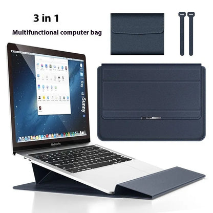 Three-in-one laptop bag in faux leather and plush, shown in black, dark blue, rose gold, grey, dark green, red or camel.