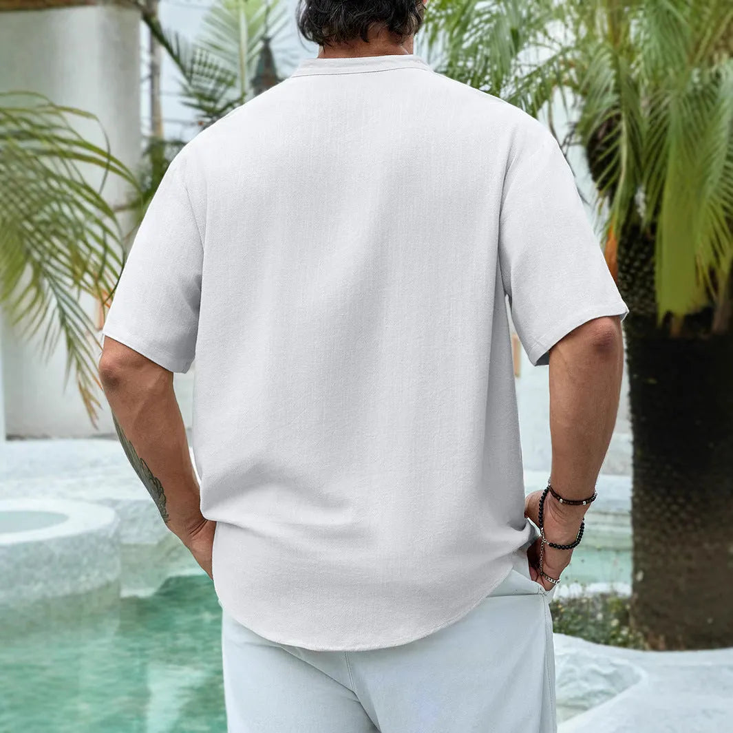 Men's deep V-neck short sleeve casual shirt in cotton linen blend available in multiple colours