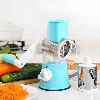 Hand drum rotary grater with stainless steel blades for vegetable preparation