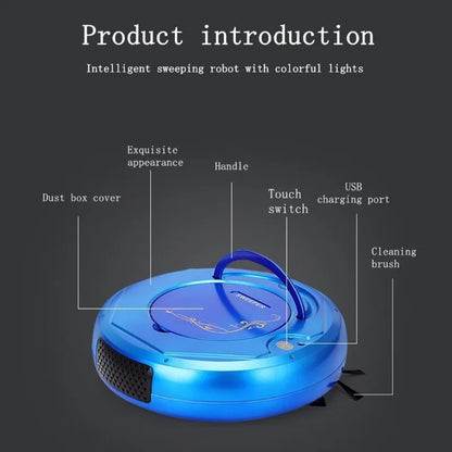 Blue floor sweeping robot vacuum cleaner on a wooden floor