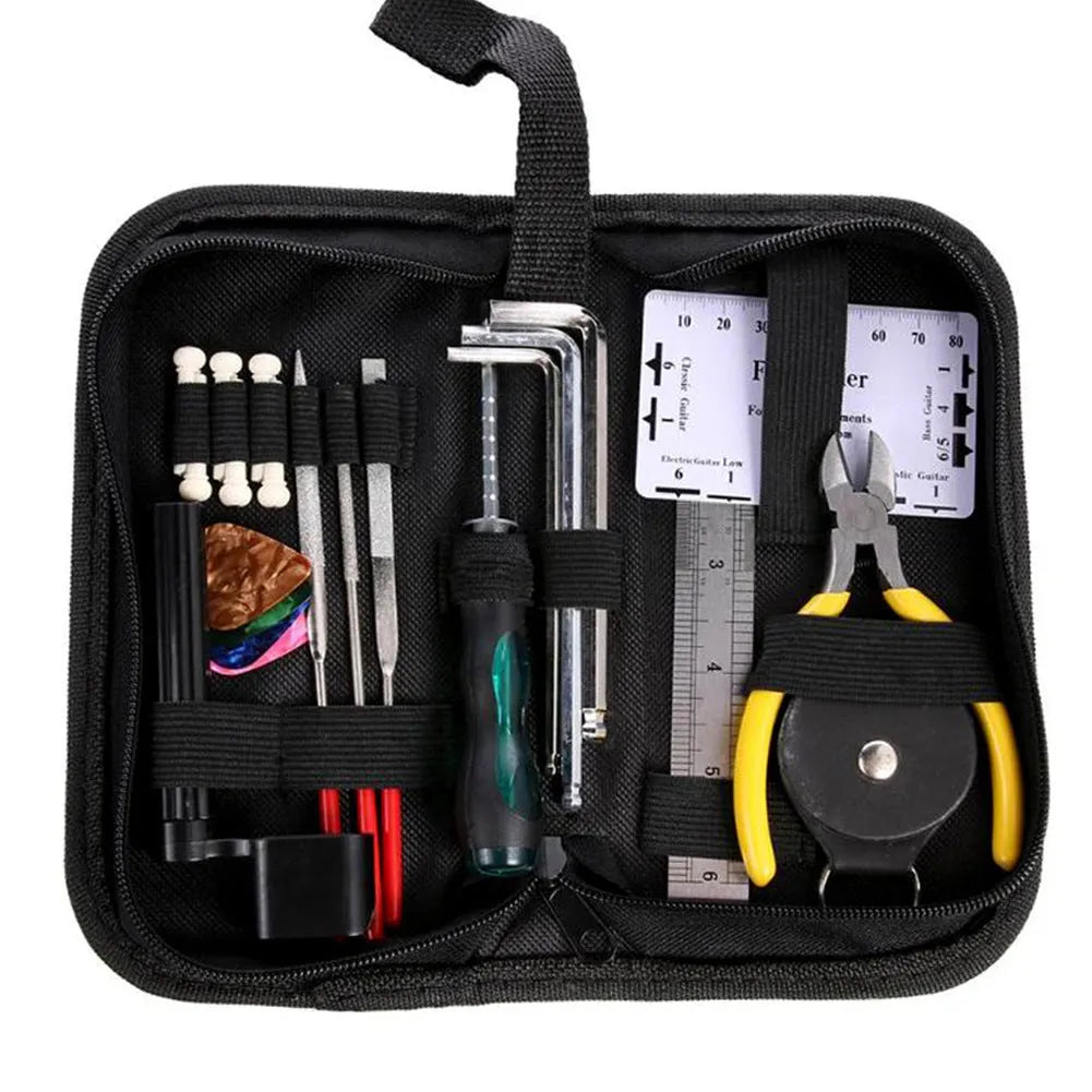 Black guitar repair kit case measuring 200x100x45mm containing metal and plastic tools for instrument maintenance