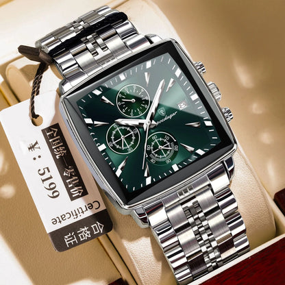 Square men's business watch with stainless steel strap and alloy case in a gold and blue colour variant.