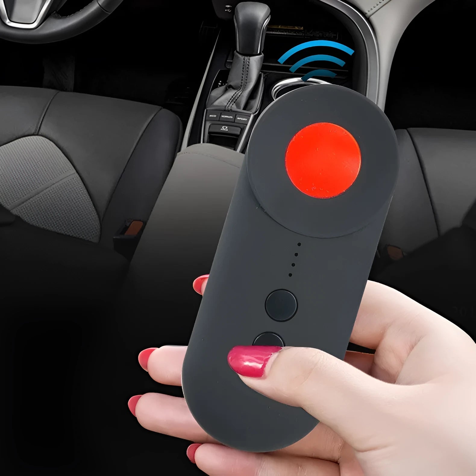 Black anti-car GPS detector with Micro USB port, measuring 93.8mm, for signal detection from 5cm to 3m range