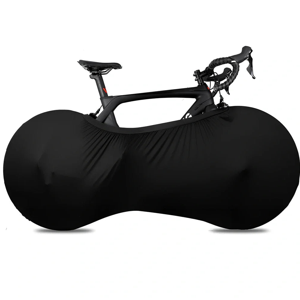 Black polyester-spandex bicycle wheel dust cover, 149cm length, adjustable 48-58cm height for 24-29 inch wheels