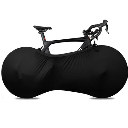 Black polyester-spandex bicycle wheel dust cover, 149cm length, adjustable 48-58cm height for 24-29 inch wheels