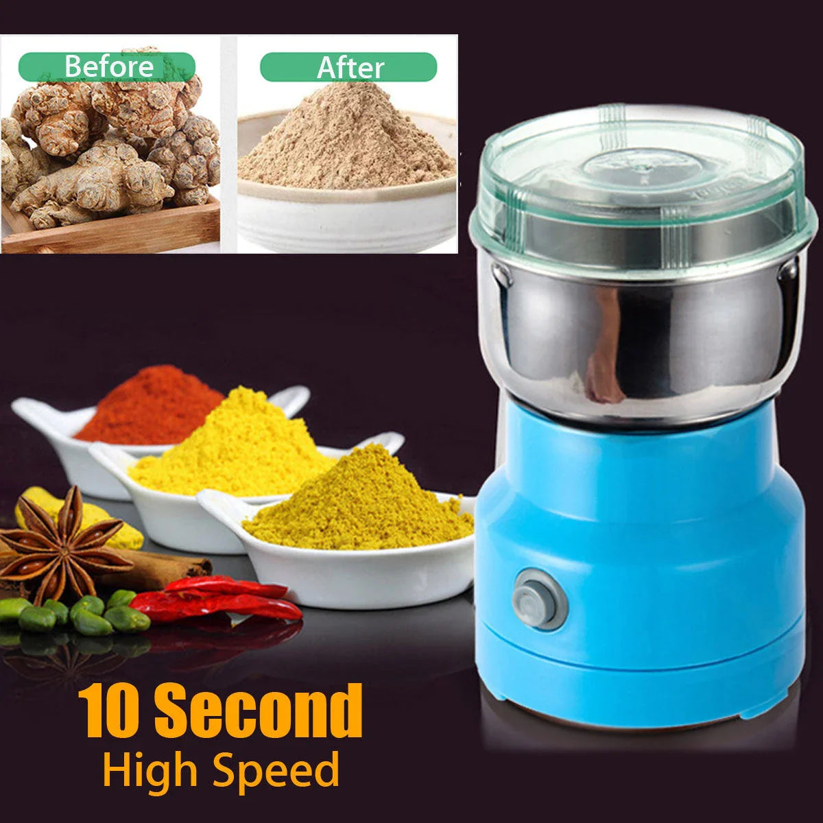 Versatile stainless steel grain grinder with transparent cover for milling flours, coffee beans, and spices