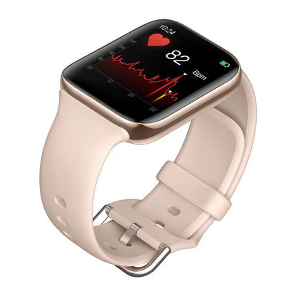 Smart bracelet with touch screen on a silicone wrist strap, showing Bluetooth call and blood pressure display.