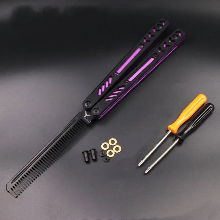 Unbladed butterfly knife trainer with aluminium handle and black G10 non-slip patches