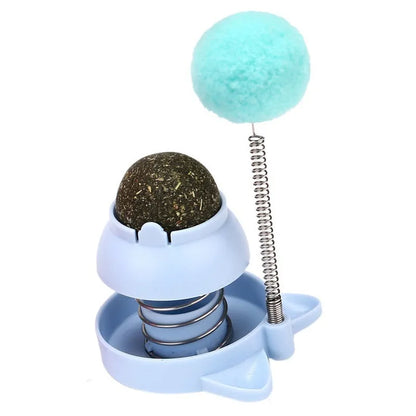 Blue, orange, and pink 55mm lickable mint ball cat toy for dental care and boredom relief.