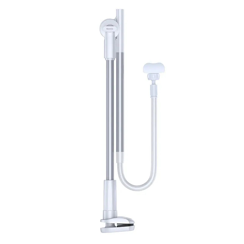 Lazy phone holder in dark grey or silver, aluminium alloy and plastic, clamp width 64-90mm, base clip 90mm.