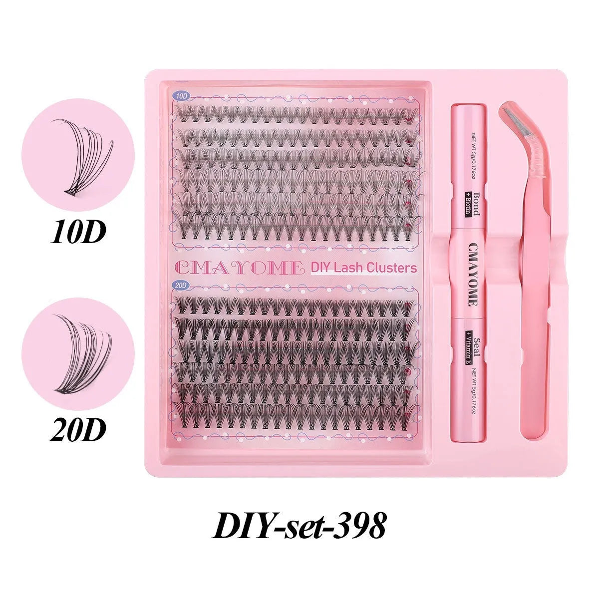 DIY single cluster false eyelashes set showing artificial fibre lashes in a natural thick, mixed split style.