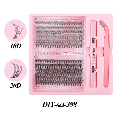 DIY single cluster false eyelashes set showing artificial fibre lashes in a natural thick, mixed split style.