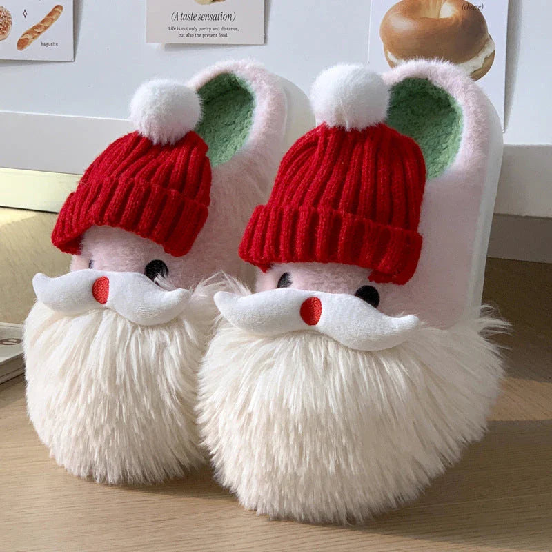 Cozy Christmas Santa Claus-themed slippers in plush material with non-slip soles, available in a range of sizes