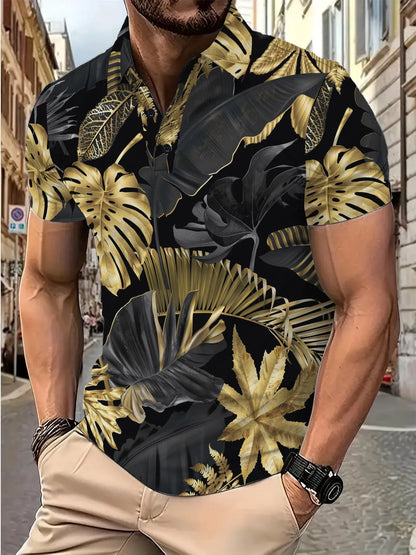 Men's gold tropical plant pattern short sleeve shirt laid flat showing print detail
