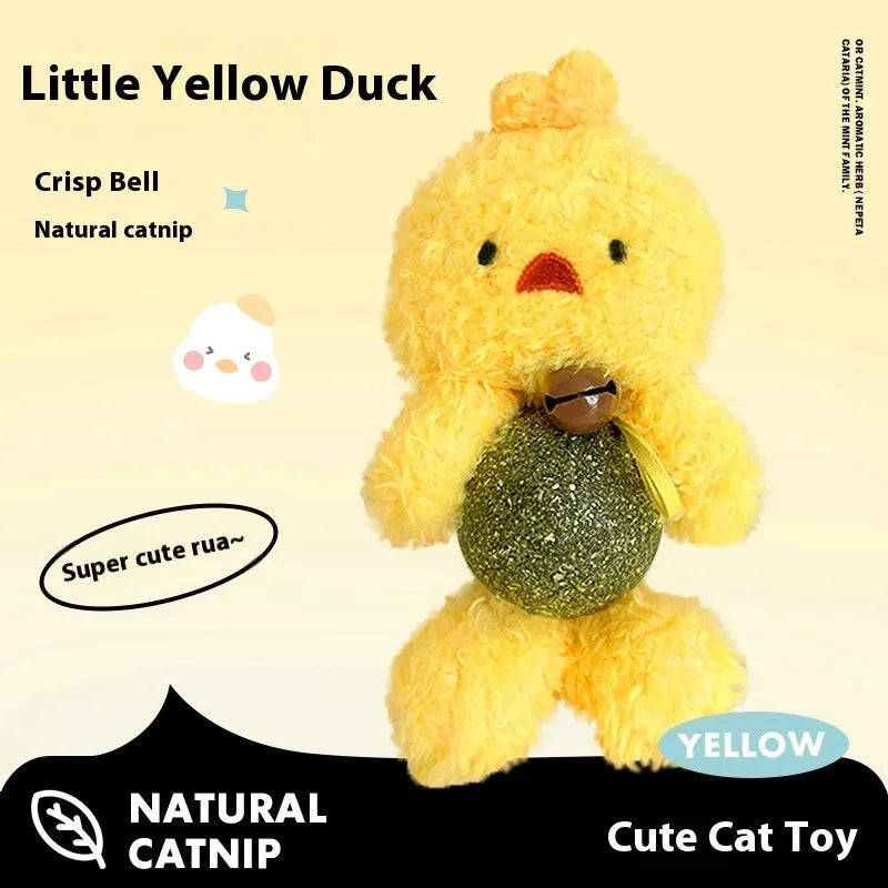 Brown bear plush cat toy with a 4cm mint ball inside, next to a measuring tape showing 15cm height.