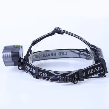Fixed focus head-mounted outdoor camping light with long-range beam on a head strap.
