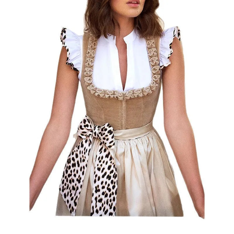 Khaki coloured women's Oktoberfest beer style dress on a hanger.