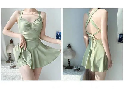 Women's avocado green boxer swimsuit one-piece with backless design
