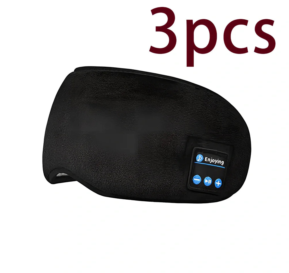 Black Bluetooth eye mask with memory foam padding and adjustable headband for light blocking and audio
