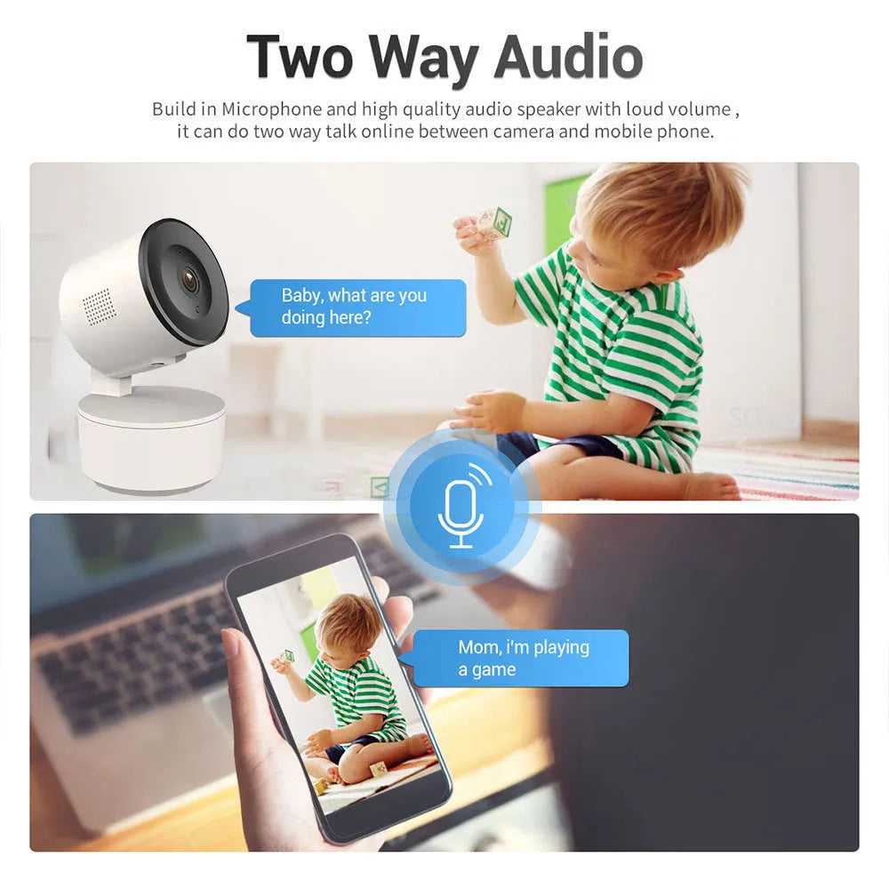 White indoor Wi‑Fi security camera with a lens on a swivel base for pan and tilt movement.