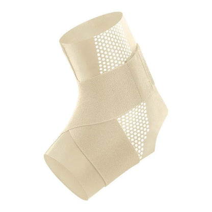Black Lycra ankle support brace worn on an adult ankle.