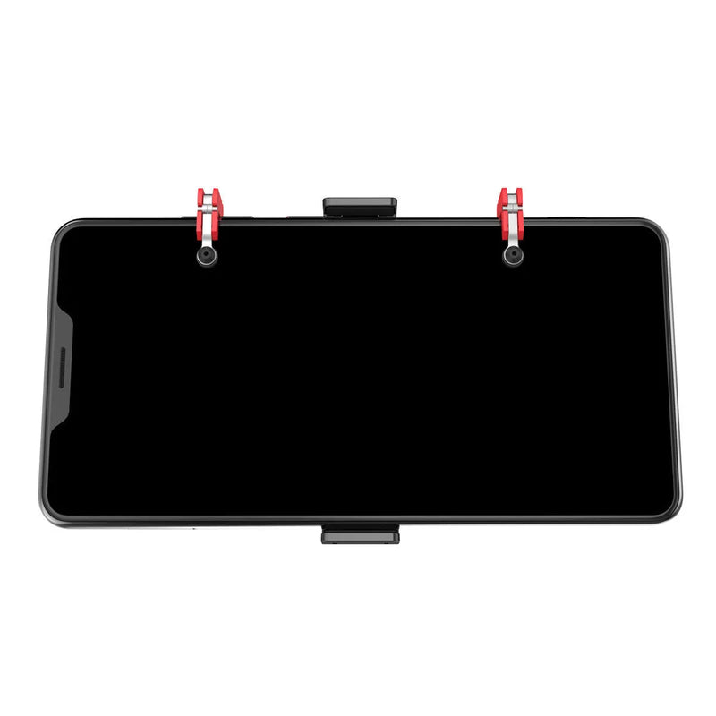Mobile phone trigger grip controller for mobile gaming with metal trigger mechanism, adjustable sliding trigger button, telescopic phone clip for 67-87mm width phones and 7.30-8.80mm thickness, black PG-9137 design.
