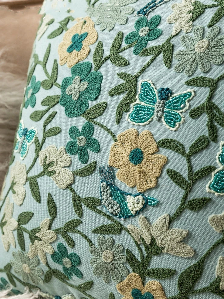 Vintage handmade embroidered throw pillow in jewel 01 cotton, 30x50cm with core, dry clean only