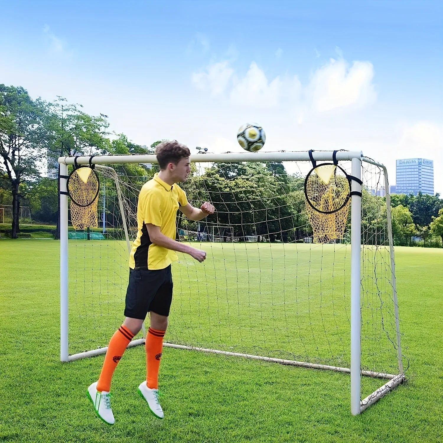 Portable soccer training goal net with lightweight fibreglass frame for backyard practice drills