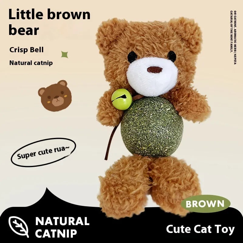 Brown bear plush cat toy with a 4cm mint ball inside, next to a measuring tape showing 15cm height.