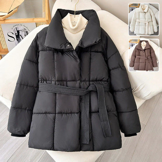 Stylish plaid belted winter coat for women in black, white, and brown