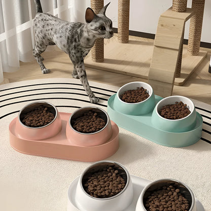 White elevated pet feeder with two tilted bowls on a non-slip base, for cat and small dog food and water.