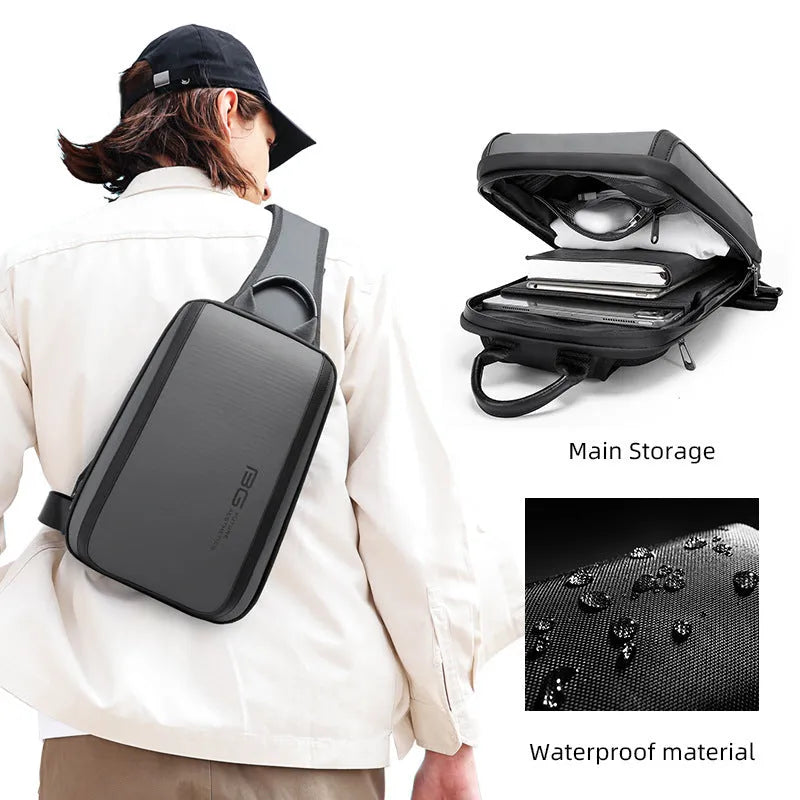 Blue chest bag for men with double connector shoulder straps and soft handle, made from Oxford cloth
