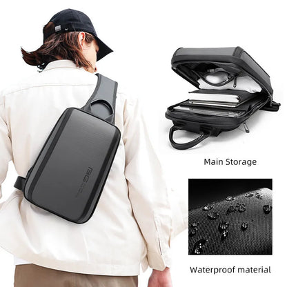 Blue chest bag for men with double connector shoulder straps and soft handle, made from Oxford cloth