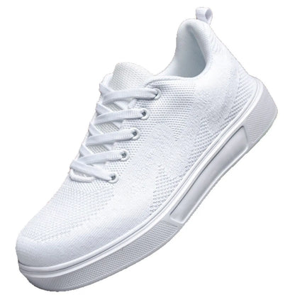 Light white and black unisex casual sports shoes with thick EVA sole and mesh upper, front lace-up.