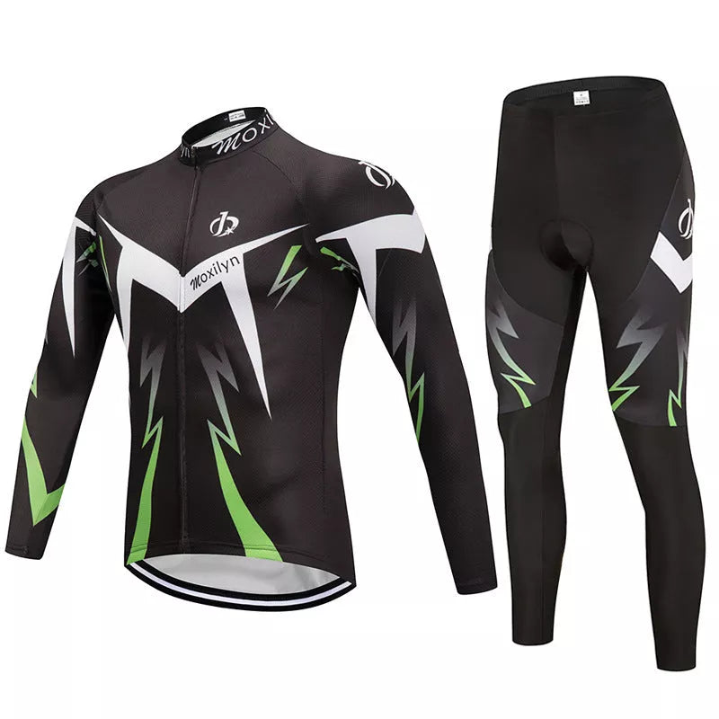 Custom winter cycling fleece suit with long sleeves for team riding in green and red options