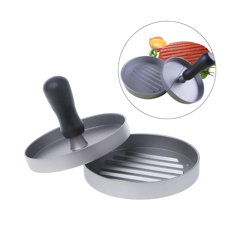 Aluminium burger press with base and handled plate for 1cm thick patties