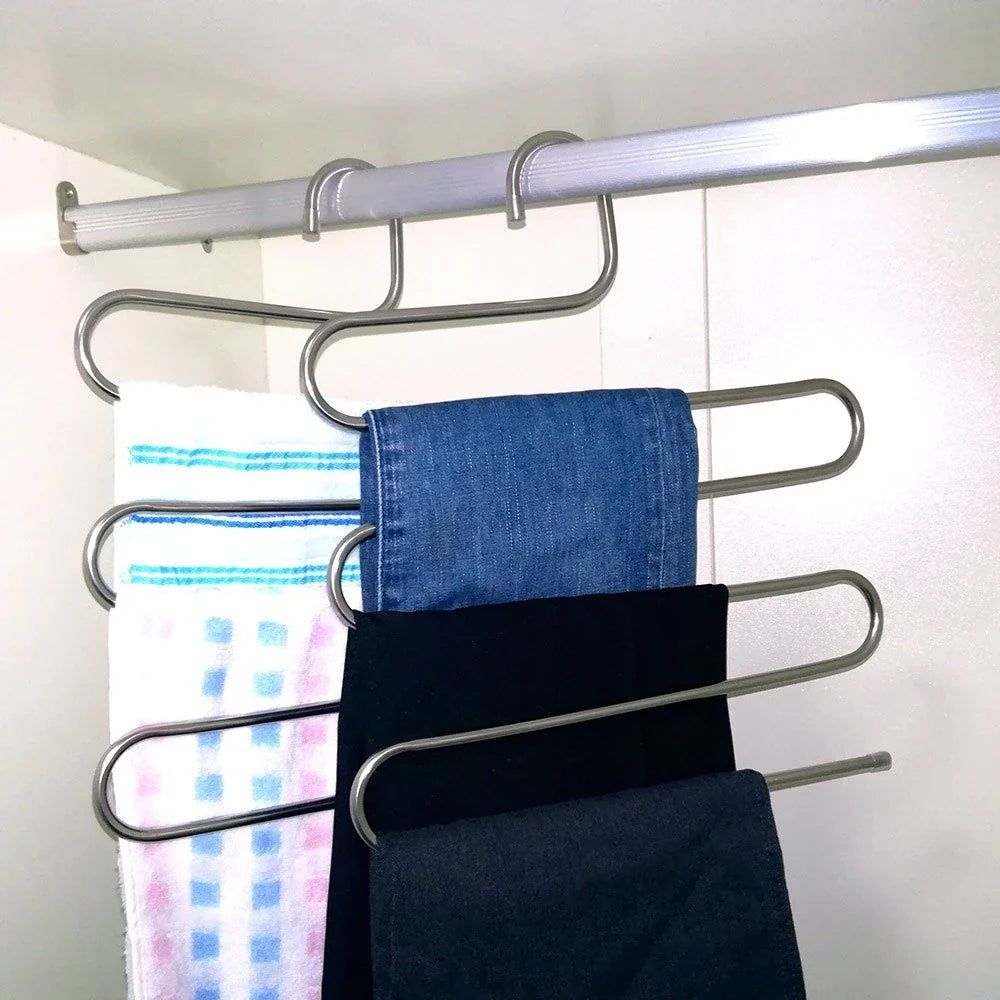 Adjustable 5-Tier Pants Rack in stainless steel with non-slip coating for space-saving closet organization