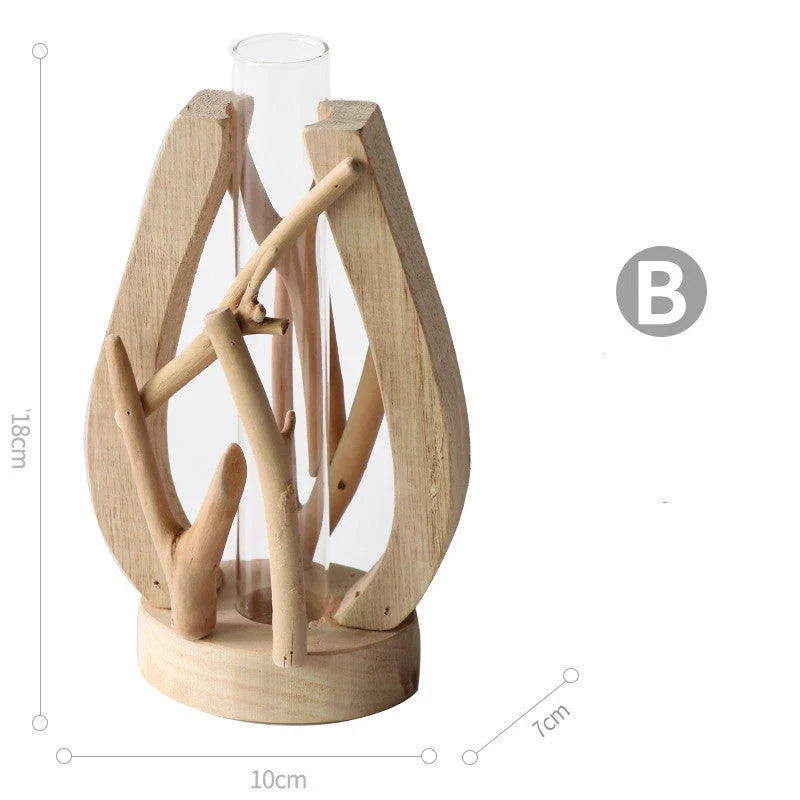 Handcrafted wooden vase with glass container for hydroponic floral displays and home decor