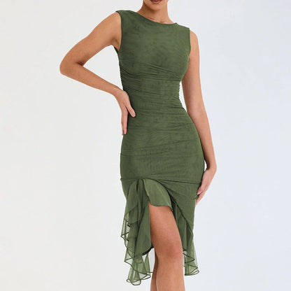 Chic sleeveless sheath dress in various colors, featuring a unique collage/splicing design and a form-fitting silhouette