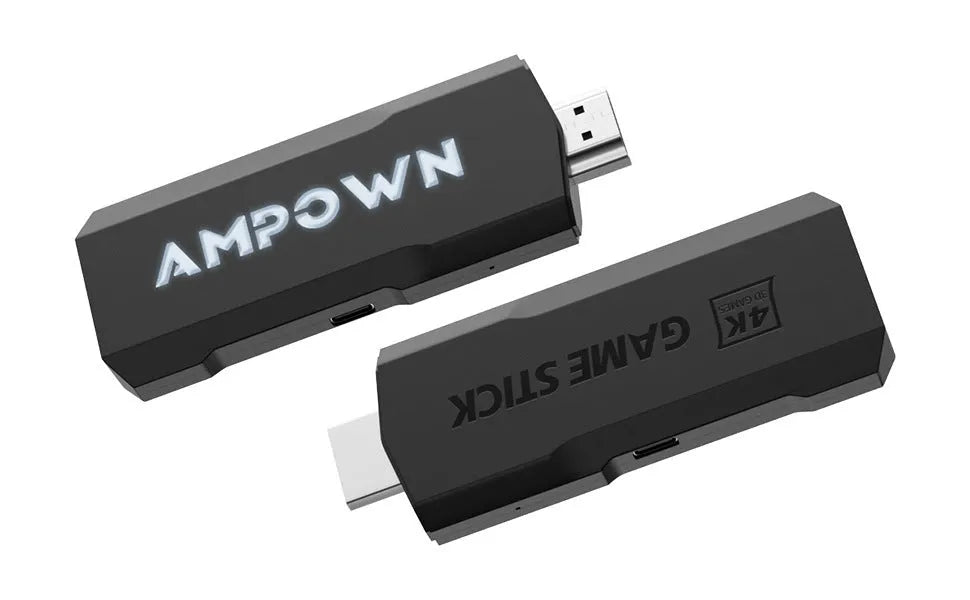 HD home TV game console with wireless handle on a black background, showing HDMI port and compact size.